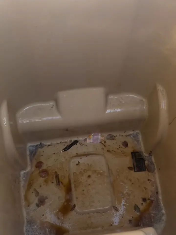 Tan trash bin before cleaning, with grime and leftover garbage at the bottom