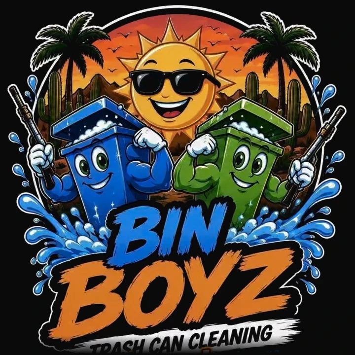 Bin Boyz Trash Can Cleaning logo: a blue and a green trash bin with pressure washers under the Arizona sun